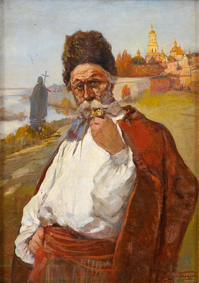 "Старый казак", 1943 г.холст на картоне; 44х31;правый нижний угол "Ф Коновалюк 43 г.