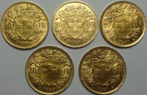 Золото .20 франков Швейцария 5 шт.