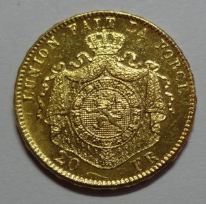 Золото. Бельгия 20 франков 1875 год.