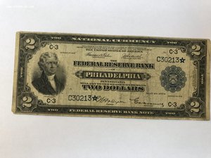Банкнота 2 доллара США 1918 год Филадельфия.