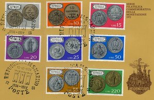 Марки с монетам Сан-Марино. Спецгашение. 1972г