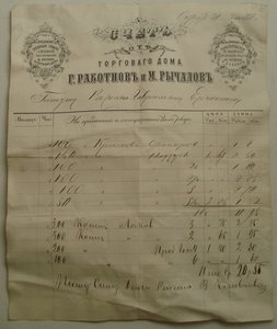счет от Ярославских купцов Г. РАБОТНОВА и М. РЫЧАЛОВА 1878г