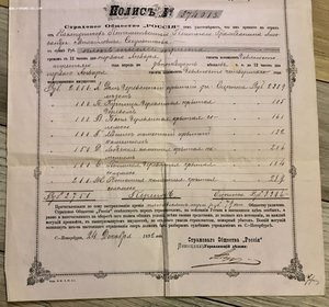 Полис СТРАХОВОЕ ОБЩЕСТВО РОССИЯ. 1892 г. Страхование от огня