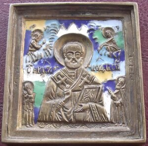 меднолитая икона Николай Чудотворец,5 эмалей