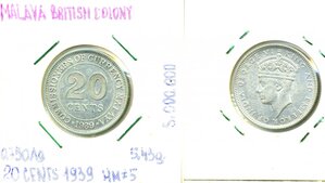 Малайя 20 центов, 1939 (серебро)