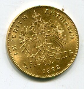Австро-Венгрия. 4 флорина-10 франков 1892. Золото 3,22 г