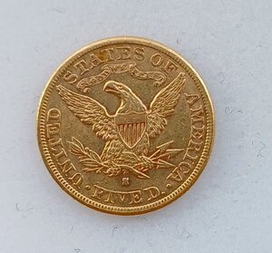 5 долларов США 1887 г. золото 900 пр. вес 8.33 гр