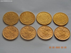 20 франков 1853,54,56,57г.г. -Франция+20 франков Швейцария.