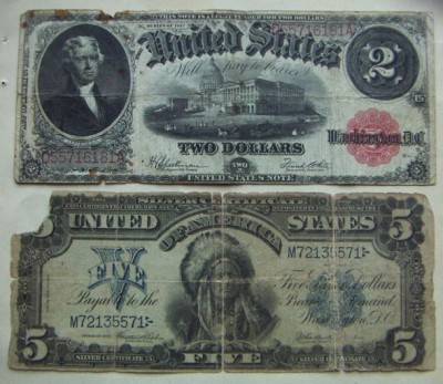 Лот-5 долларов-1899, 2доллара-1917