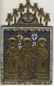 Святые Григорий, Василий, Иоан Златоуст, 4 цвета эмали.