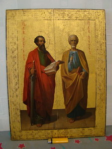 2-х стор. икона (53,5х40): А. Невский+апост. Павел и Петр.