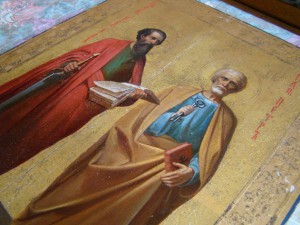 2-х стор. икона (53,5х40): А. Невский+апост. Павел и Петр.