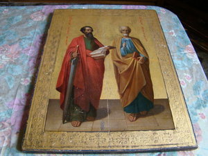 2-х стор. икона (53,5х40): А. Невский+апост. Павел и Петр.