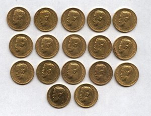 17шт 5 рублей золото