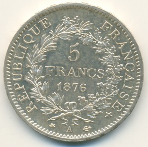 Франция. 5 франков 1876 года. About Uncirculated.