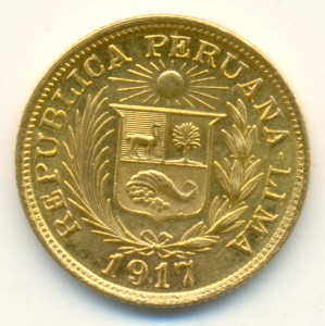 Перу. Золото. Либра (фунт) 1917 года. About Uncirculated.
