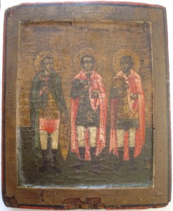 Икона трое святых. Пантелеимон, Иоанн Воин, Никита Бесогон.