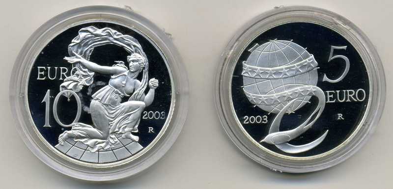 Италия, набор 2003г., серебро, 5 и 10 евро, пруф.