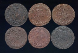 5 копеек 1763-1796 ЕМ. Полная погодовка с разновидностями.