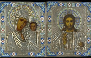 Венчальная пара. Оклады СЕРЕБРО __ ЭМАЛИ __ 18,5 * 15 каждая