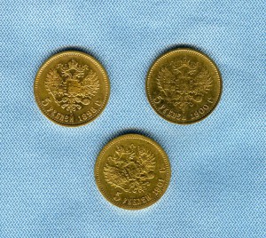 5 золотых руб - 3 шт:   1898,   1900,   1901  -     КРАСАВА!