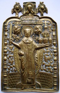 Пластика, икона "Св. Николай Можайский", 2 эмали, 18 век.