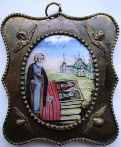 Финифть. Св. Сергий у гроба родителей. 4х3 см.