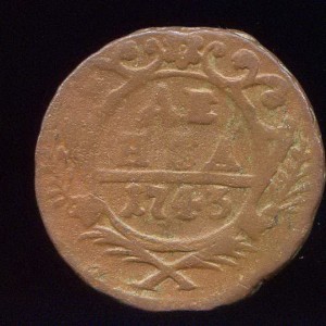 Деньга 1743 г. орёл 44 г. редкая.