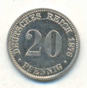 Германия. 20 пфеннигов 1876 D. XF.