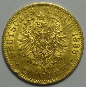 Золото. 20 марок Фридрих 1888 год