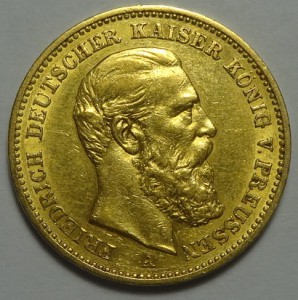 Золото. 20 марок Фридрих 1888 год
