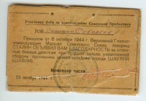4 благодарности за 1944, 2 ОК партизан-разведчик
