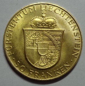 Золото . 50 франков Лихтенштейн 1956 год.