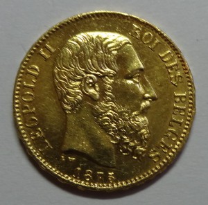 Золото. Бельгия 20 франков 1875 год.