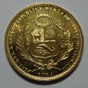 Золото . Перу , Лима , песо 1951 год.