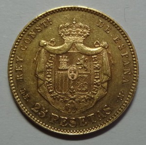 Золото. 25 песет Испания 1877 год