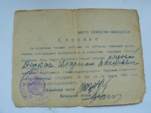 Благодарность участнику битвы за Дунаем.