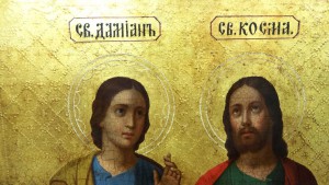 Икона Святые Великомученики Косьма и Дамиан. Сусалка