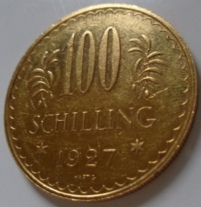 100 шиллингов 1927 г. ( золото 23,52 г. 900* )