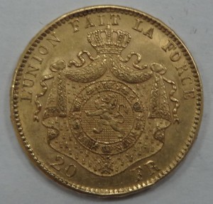 Золото. 20 франков Бельгия 1876 год