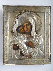 Икона Богородицы Владимирская. Оклад серебро. Киот. Продажа.