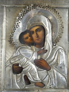 Икона Богородицы Владимирская. Оклад серебро. Киот. Продажа.