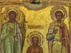 Икона "Св. вмч. Димитрий, св. Иоанн Многострадальный с Ангел