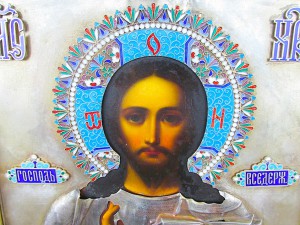 Икона Господь Вседержитель, киот, оклад серебро, эмали.