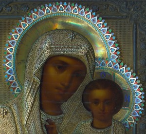 Казанская Пресвятая Богородица. Серебро, скань, эмали.