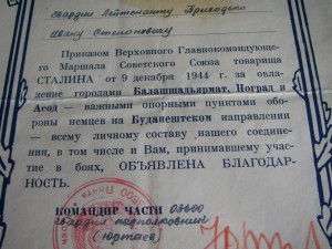 Благодарность ВГК от 9 декабря 1944 года