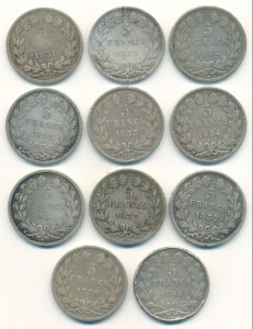 Французские пятёрки: только Луи Филипп - 11 шт. по 25 гр.