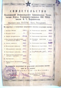Свидетельства об окончании авиационных училищ в годы войны.