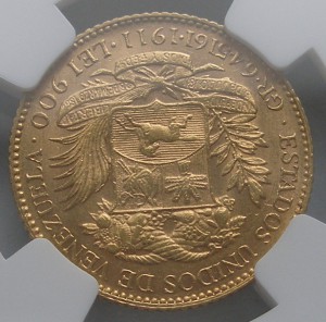 Венесуэлла 20 боливаров 1911 года NGC MS 61