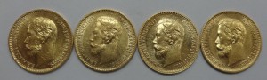 5 рублей Николай II - 4 шт 1901-1902 года XF